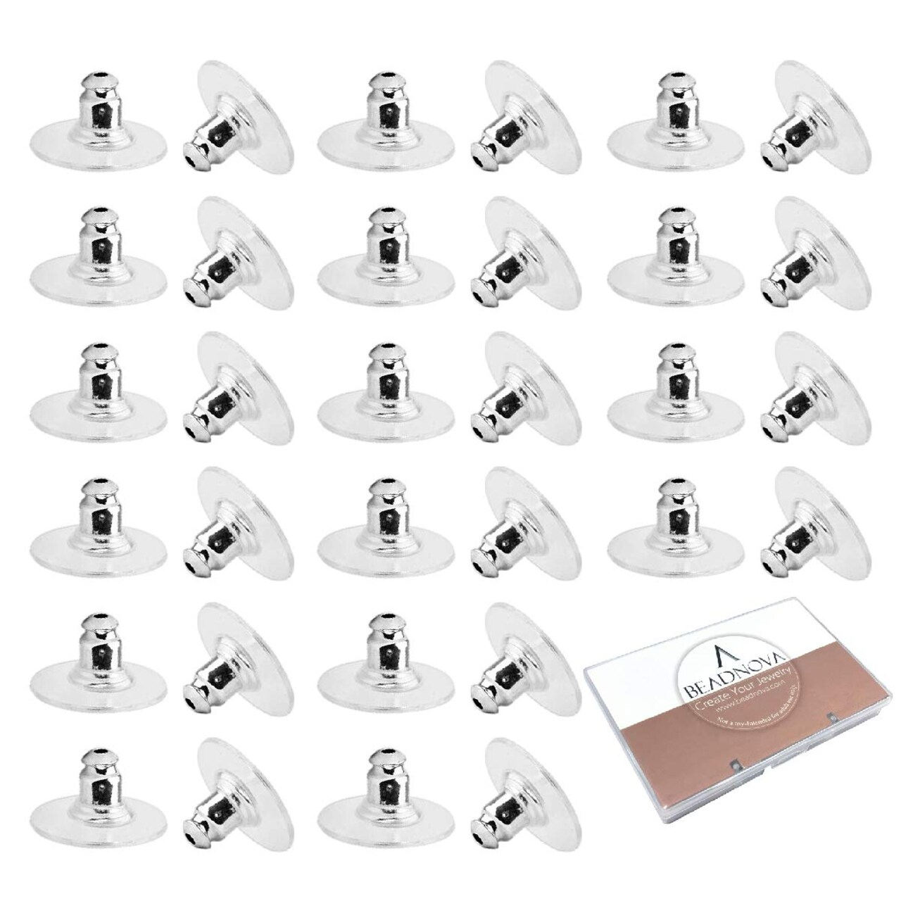 BEADNOVA Earring Backs Replacements Earring Backing Silver Plated Pierced Hypoallergenic Ear Stud Backs Stoppers Safety Bullet Clutch Earstud Backings with Pad for Posts (120pcs)